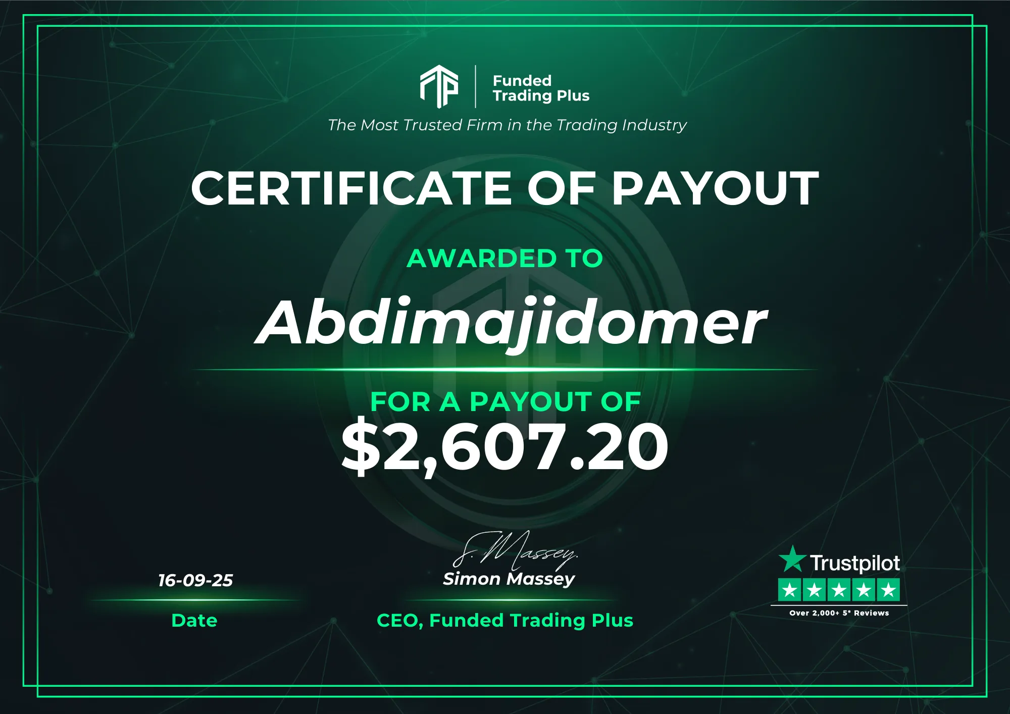 Certificate for Abdimajidomer - $2,607.20
