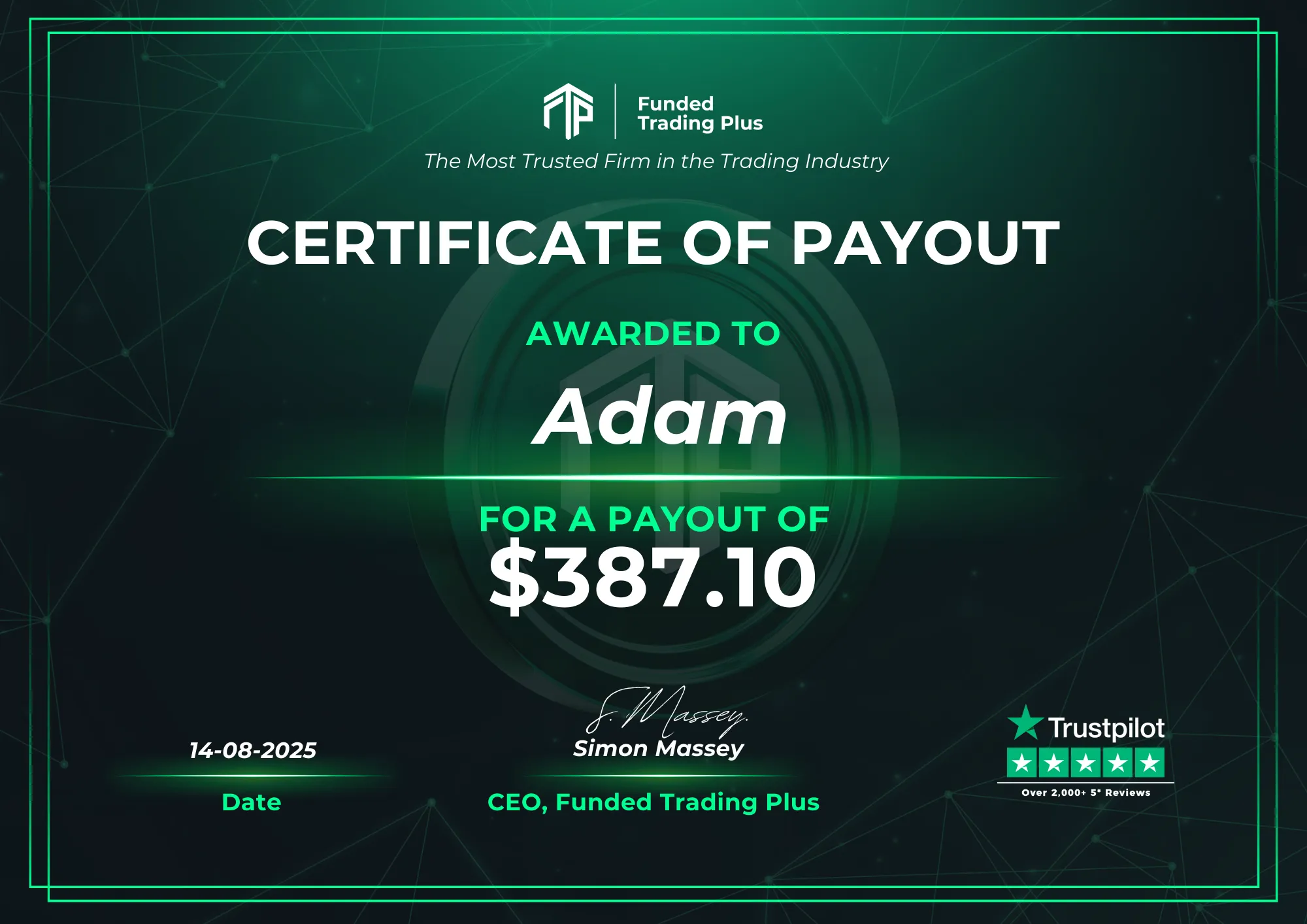 Certificate for Adam - $387.10
