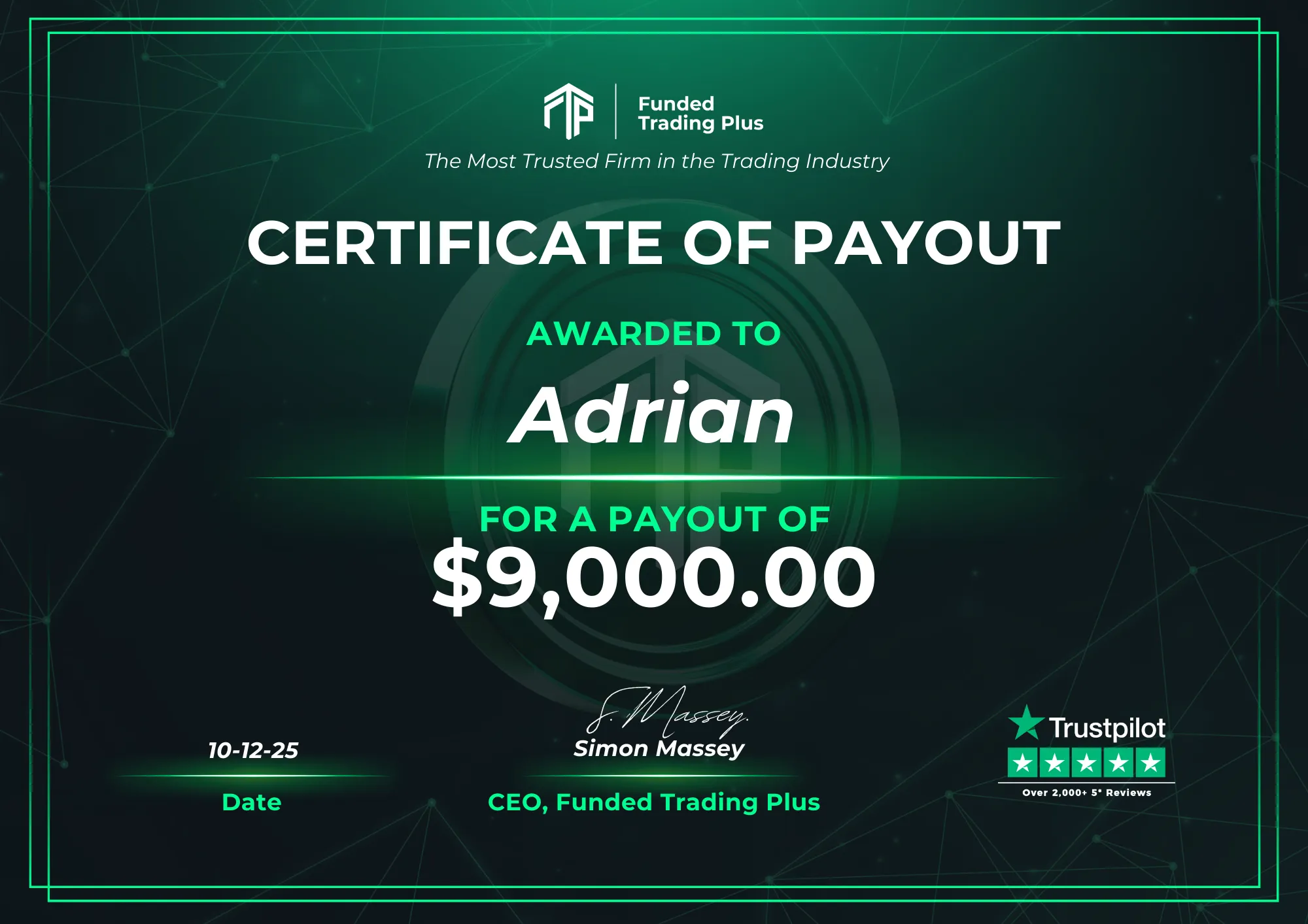 Certificate for Adrian - $9,000.00