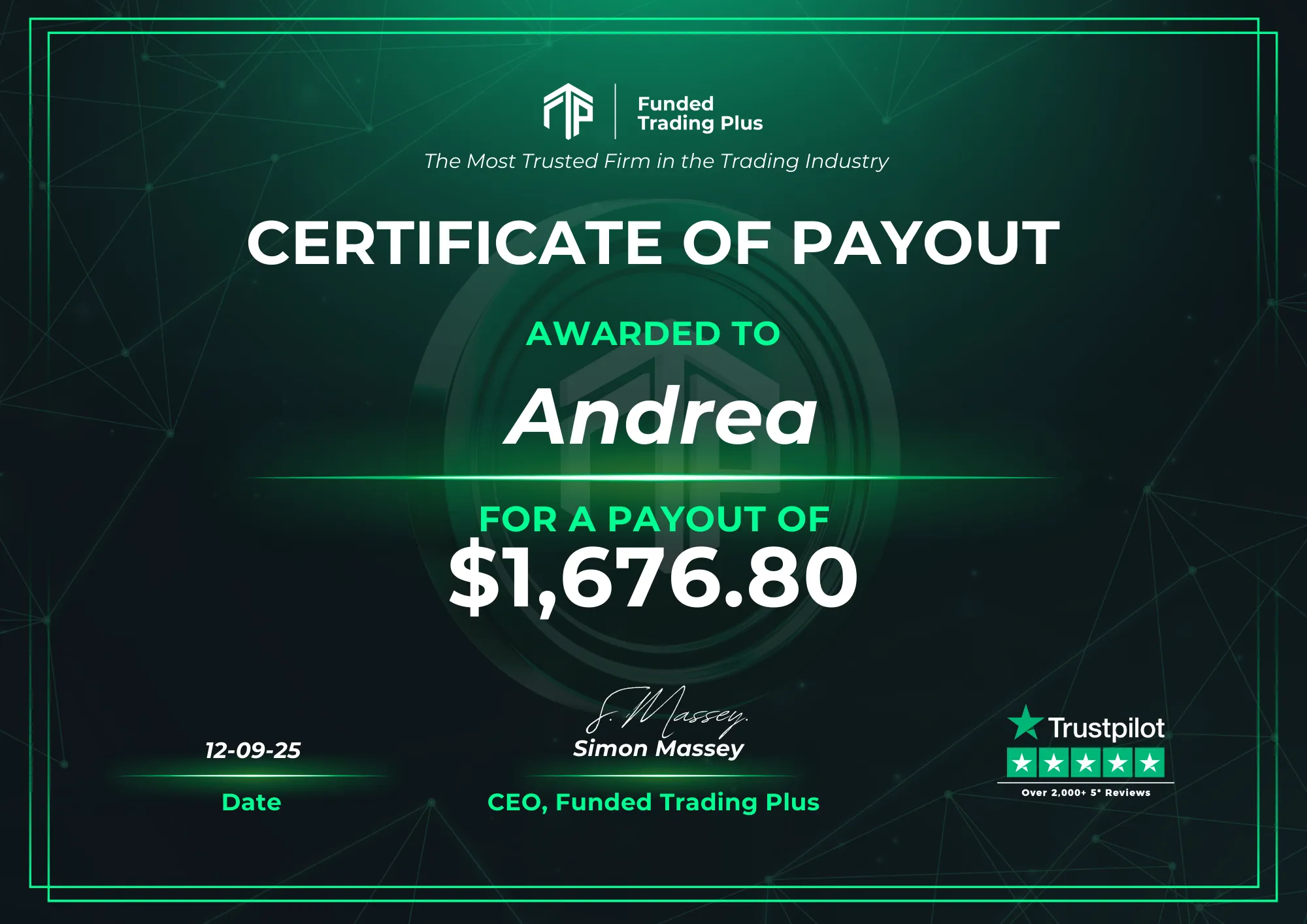 Certificate for Andrea - $1,676.80