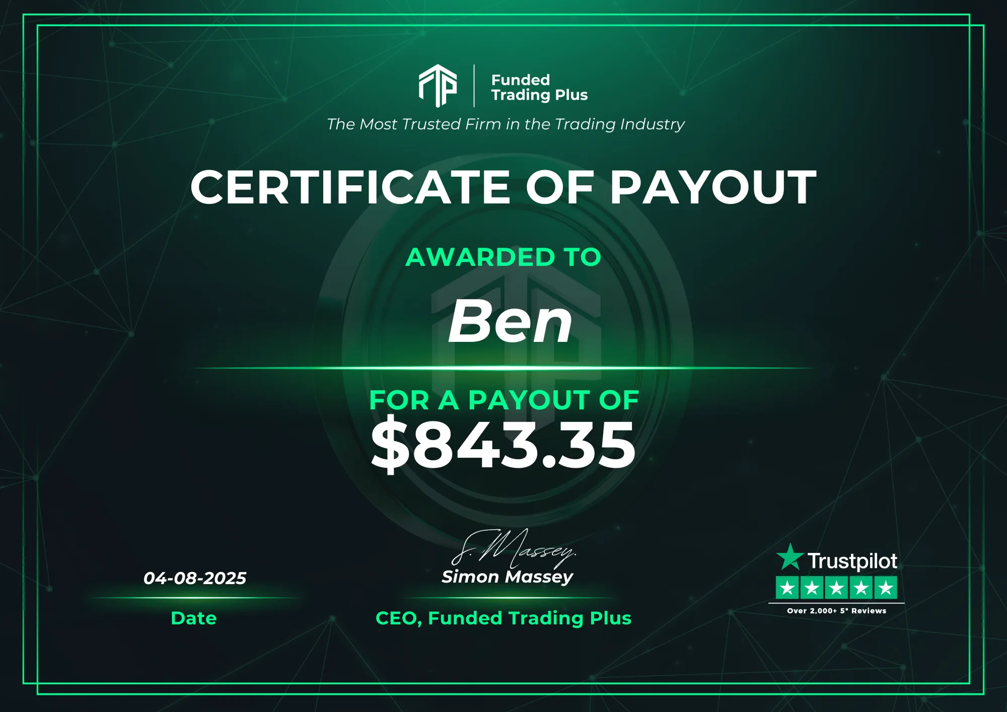 Certificate for Ben - $843.35