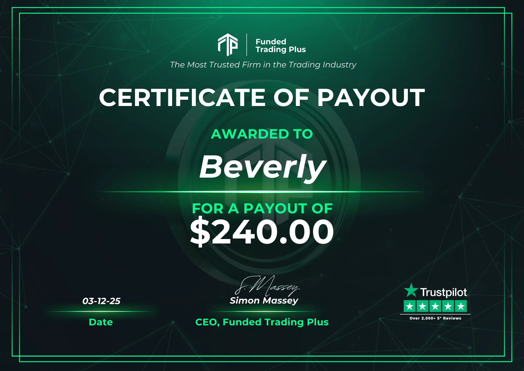 Certificate for Beverly - $240.00