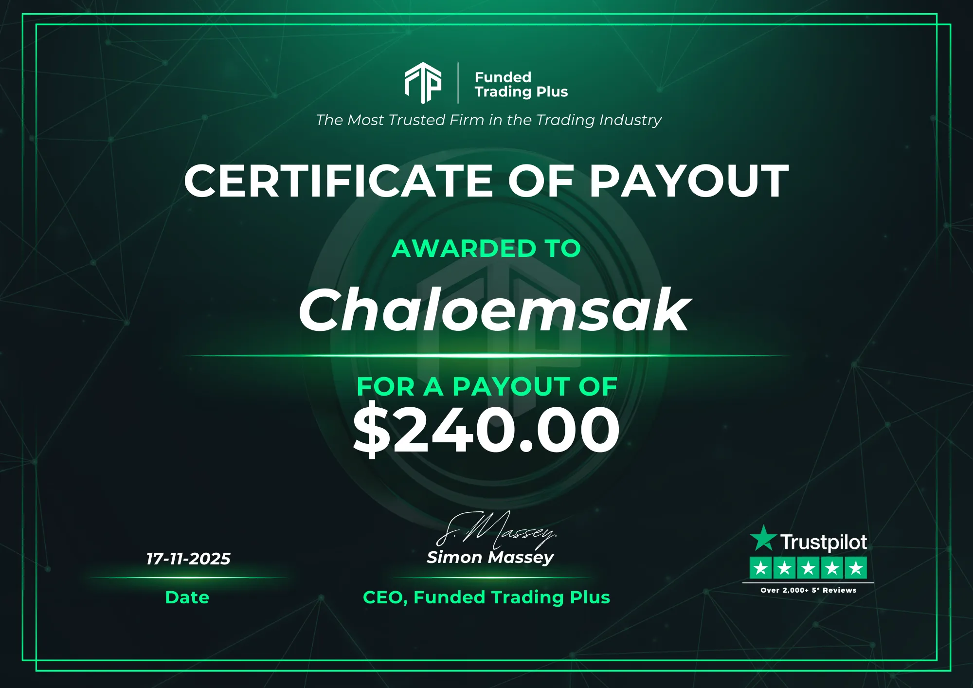 Certificate for Chaloemsak - $240.00