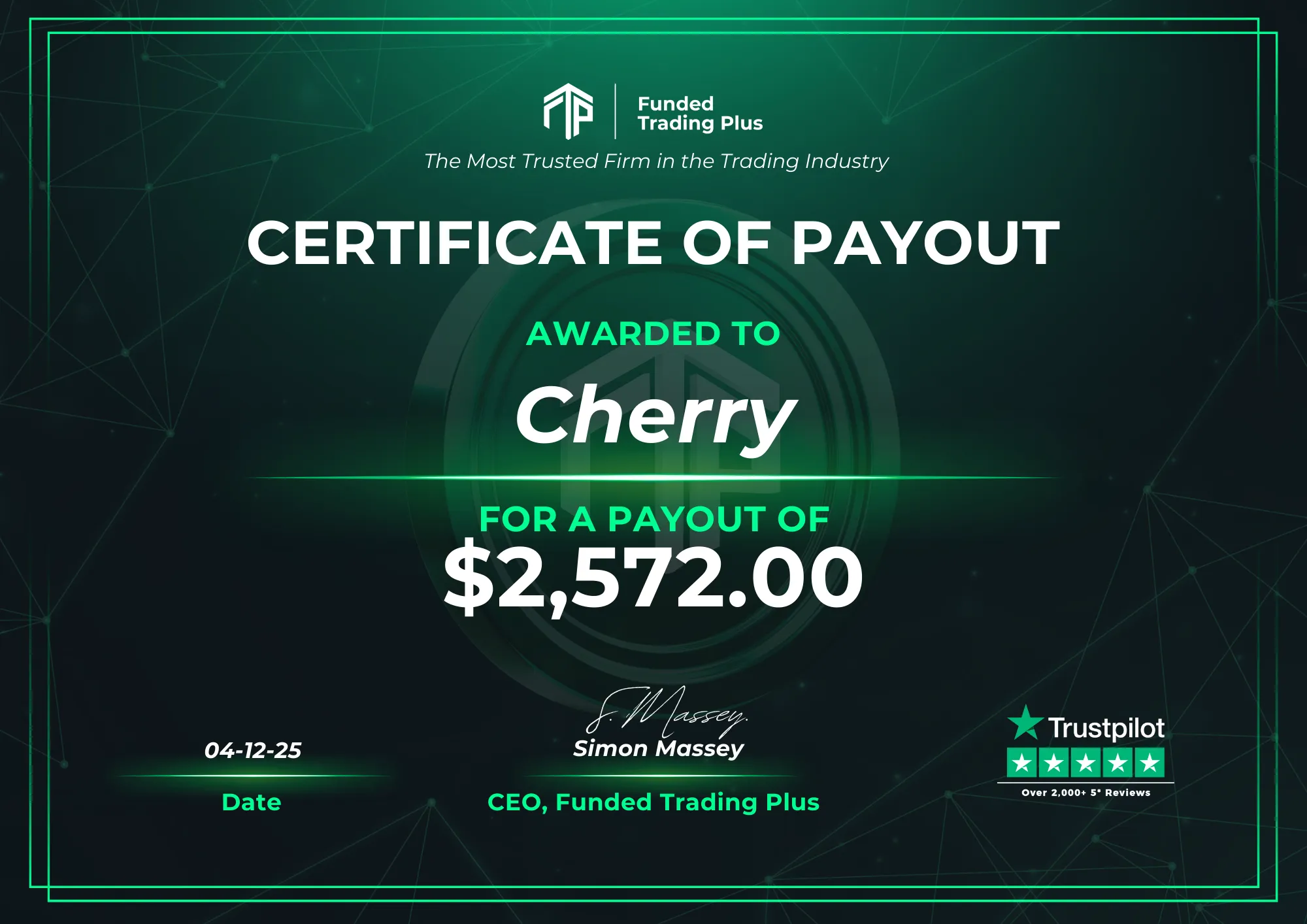 Certificate for Cherry - $2,572.00