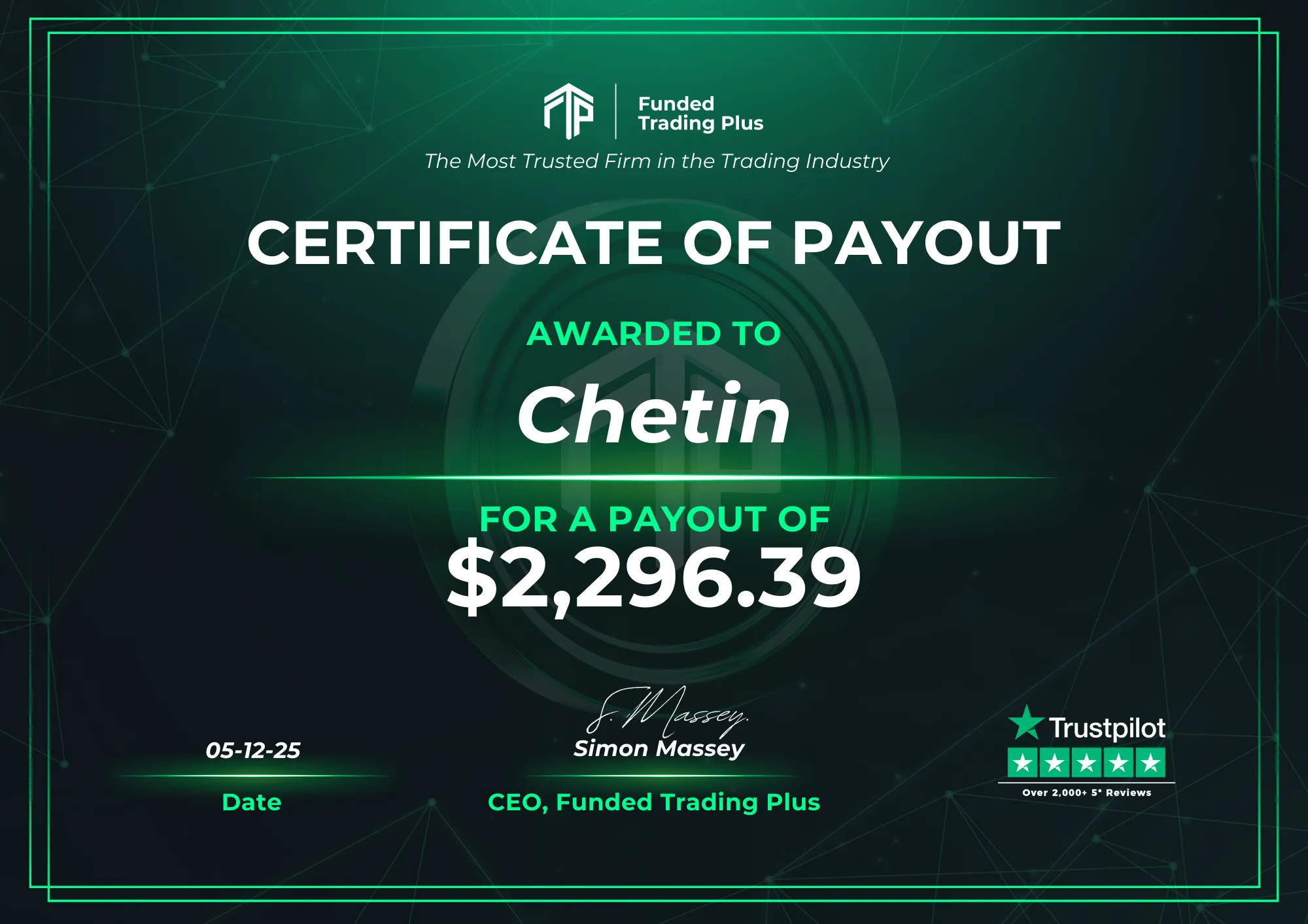 Certificate for Chetin - $2,296.39