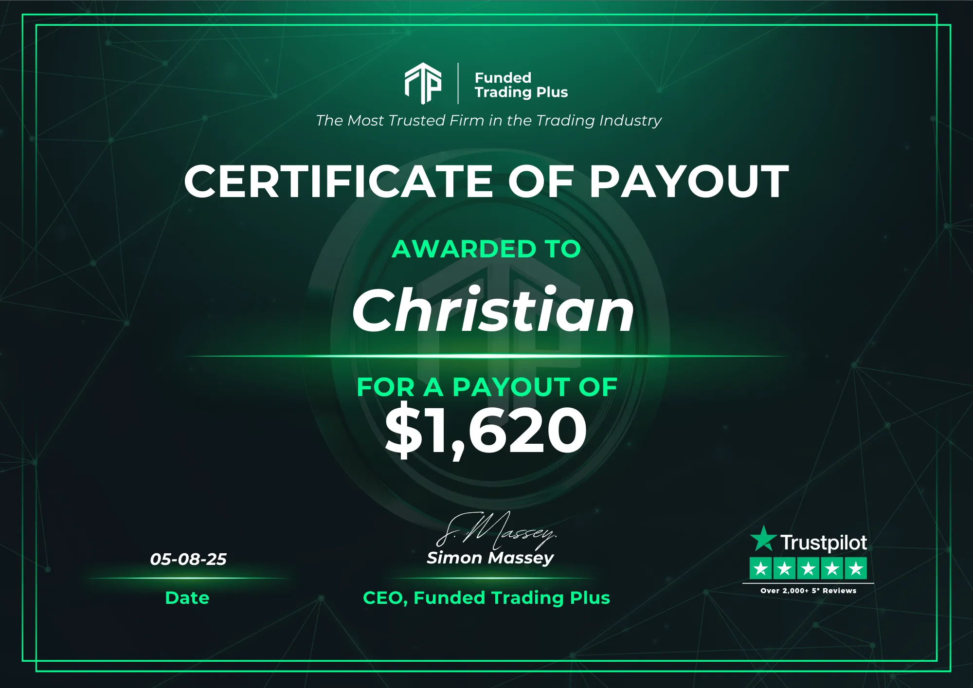 Certificate for Christian - $1,620.00