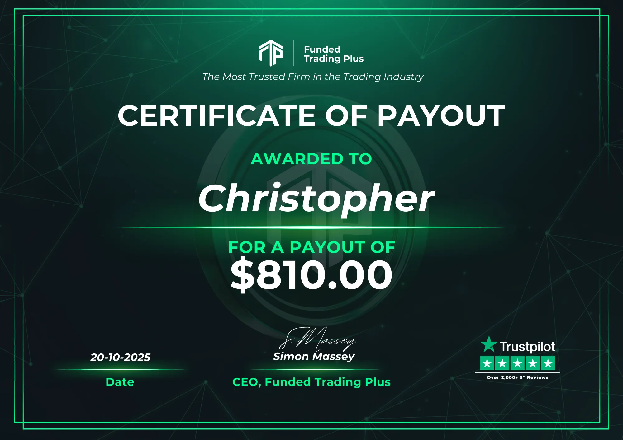 Certificate for Christopher - $810.00