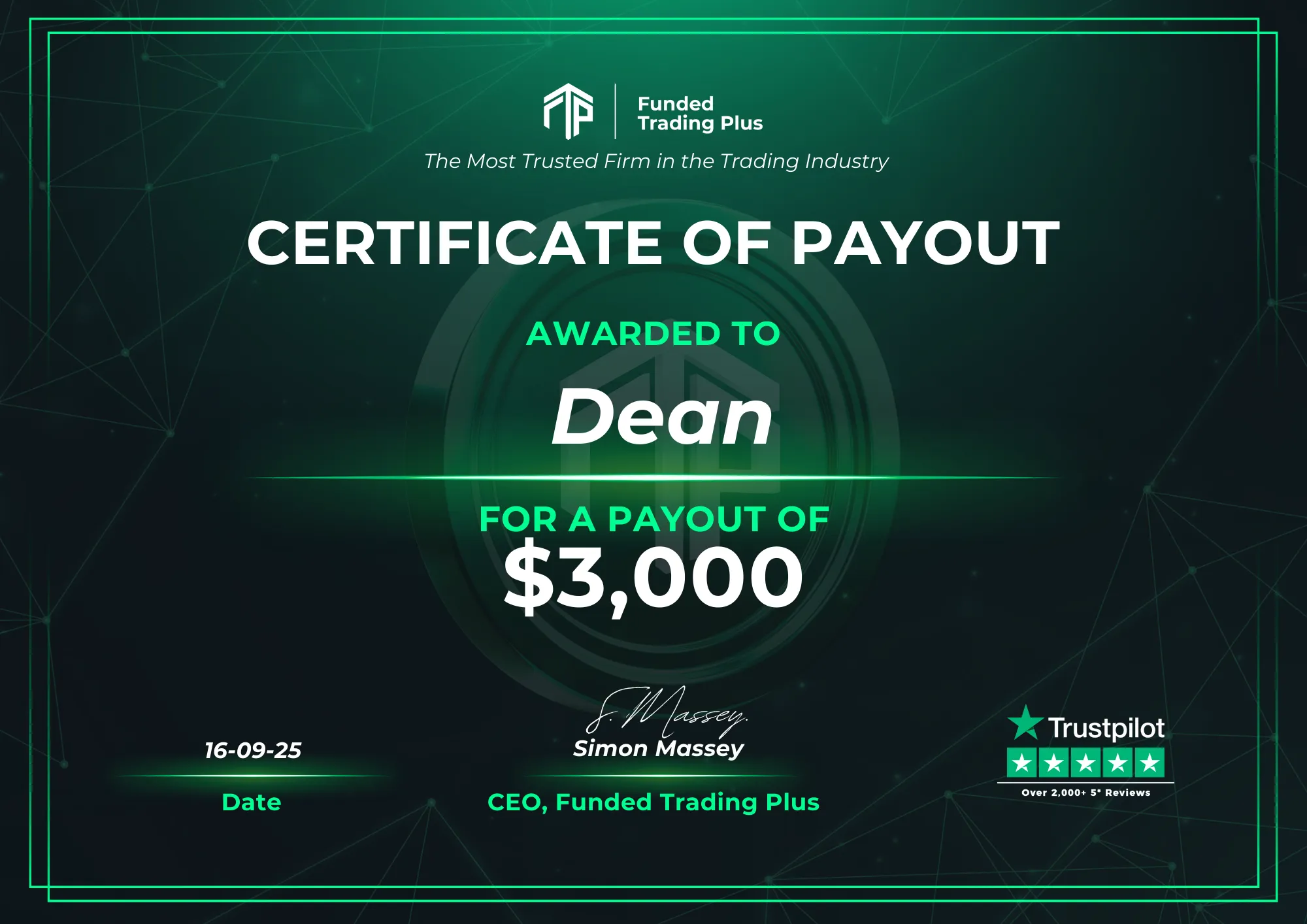 Certificate for Dean - $3,000.00
