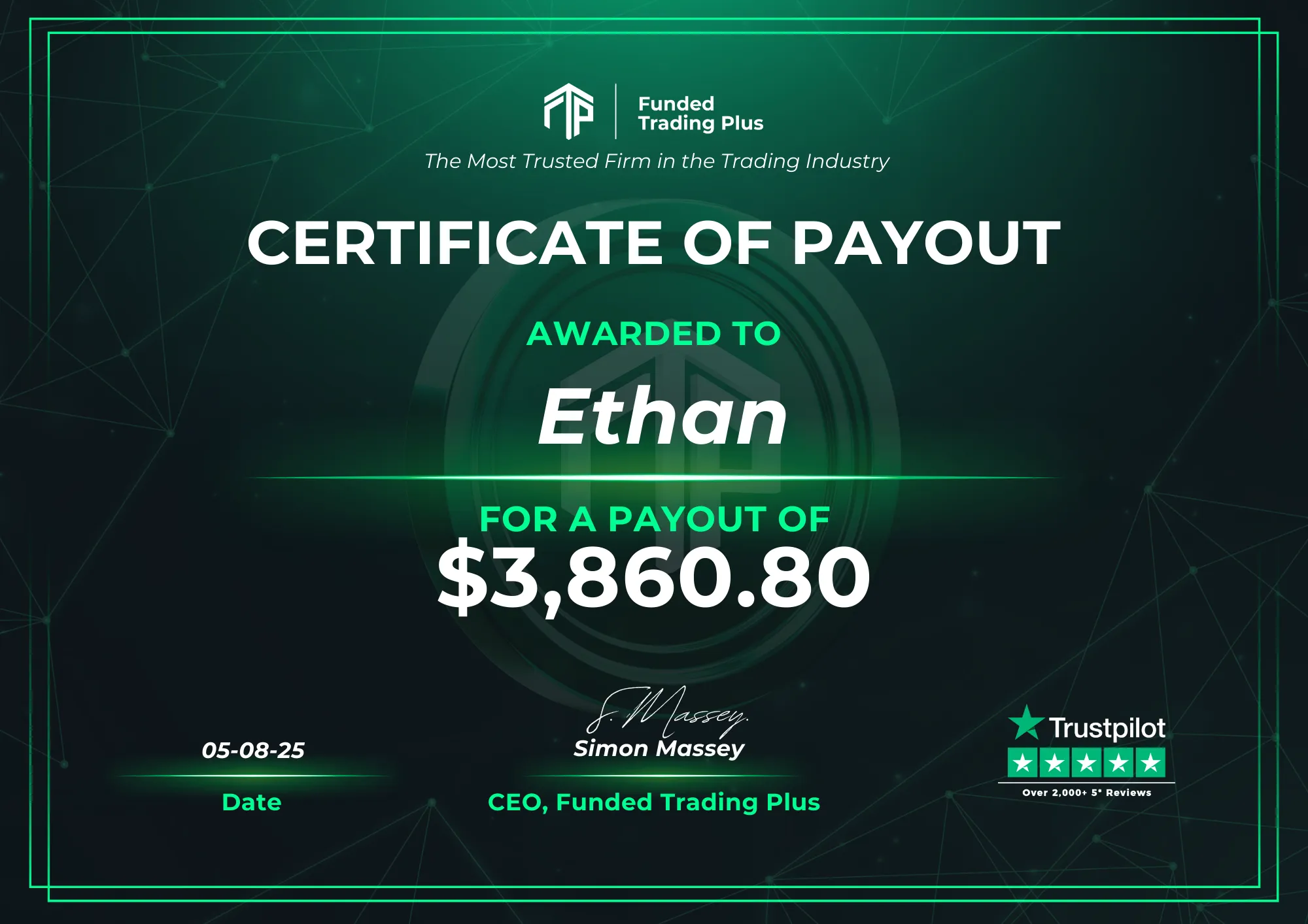 Certificate for Ethan - $3,860.80