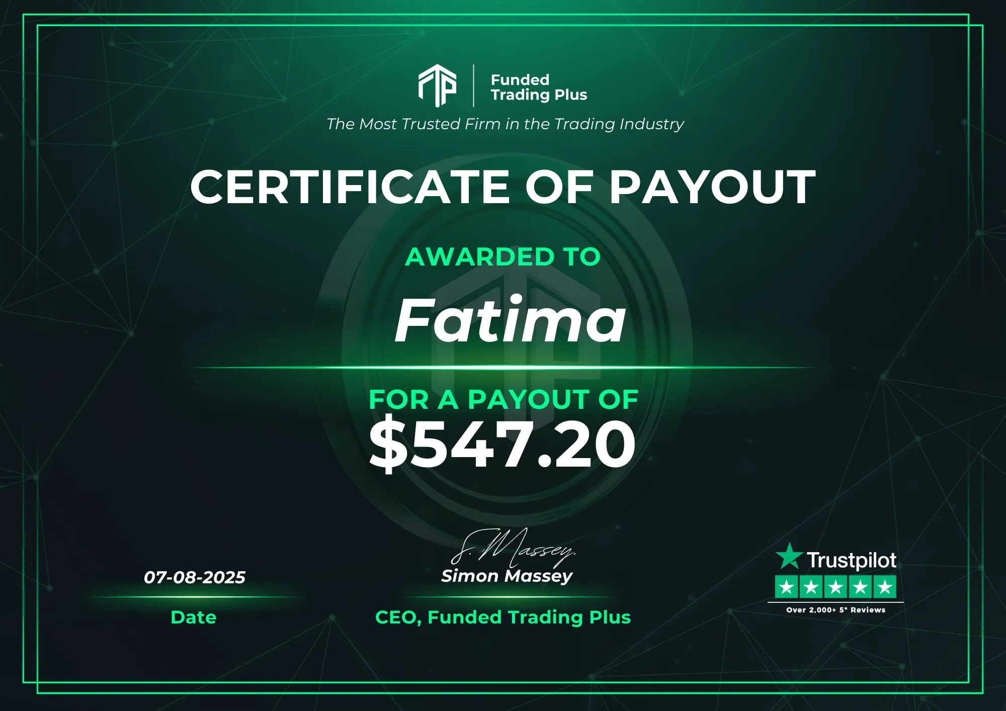 Certificate for Fatima - $547.20