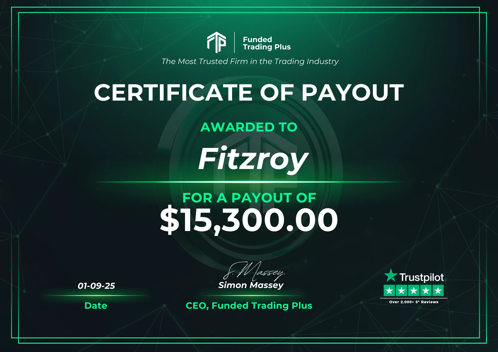 Certificate for Fitzroy - $15,300.00