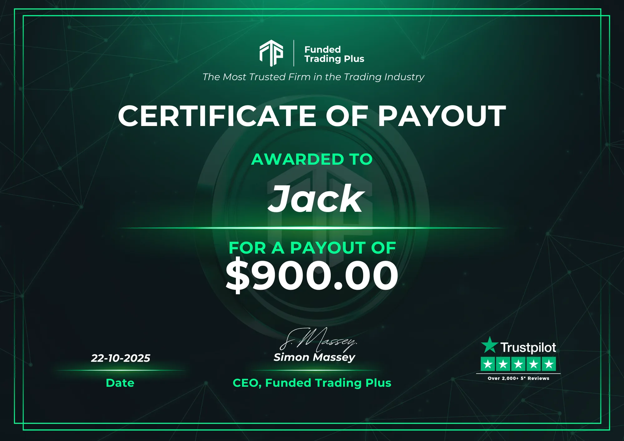 Certificate for Jack - $900.00