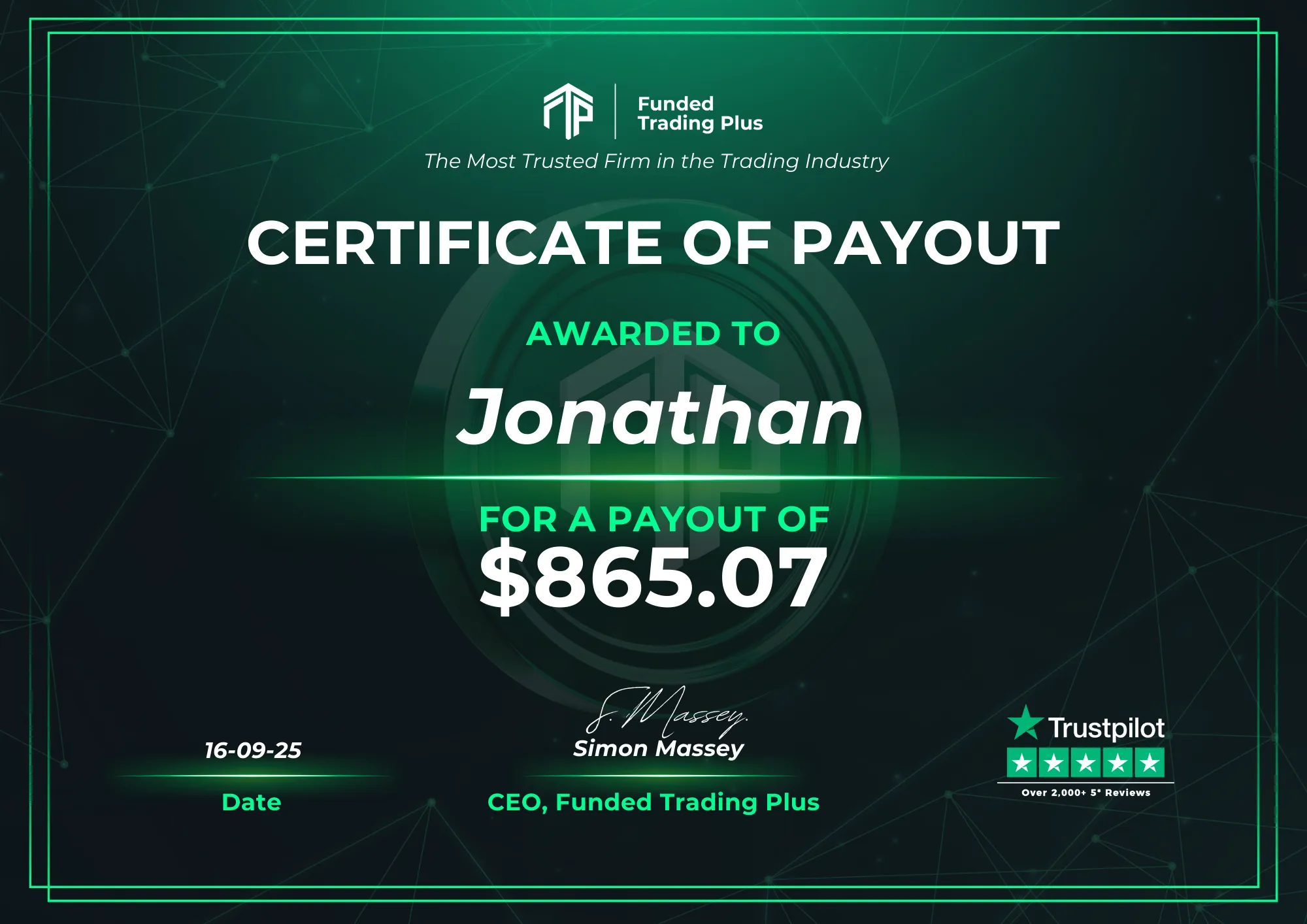 Certificate for Jonathan - $865.07