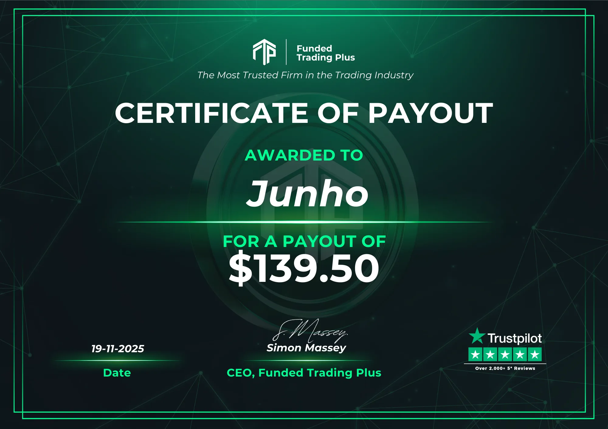 Certificate for Junho - $139.50