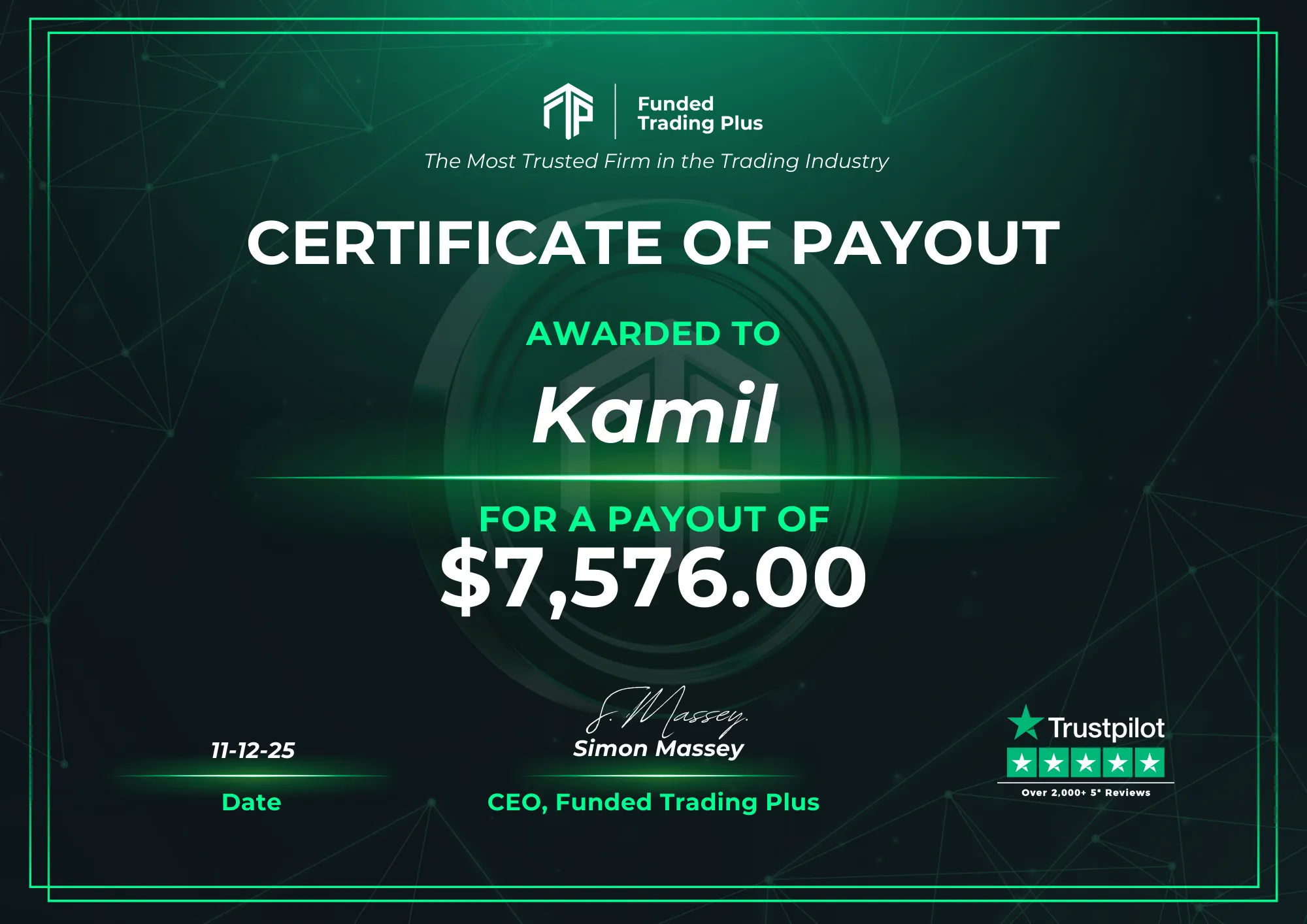 Certificate for Kamil - $7,576.00