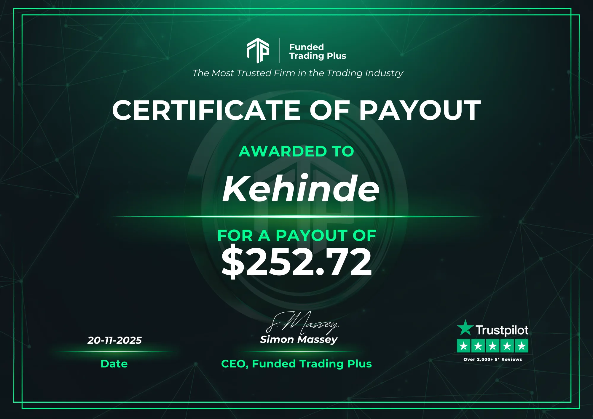Certificate for Kehinde - $252.72