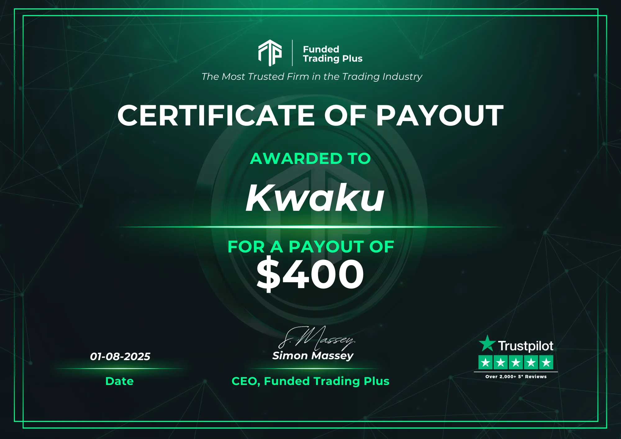 Certificate for Kwaku - $400.00