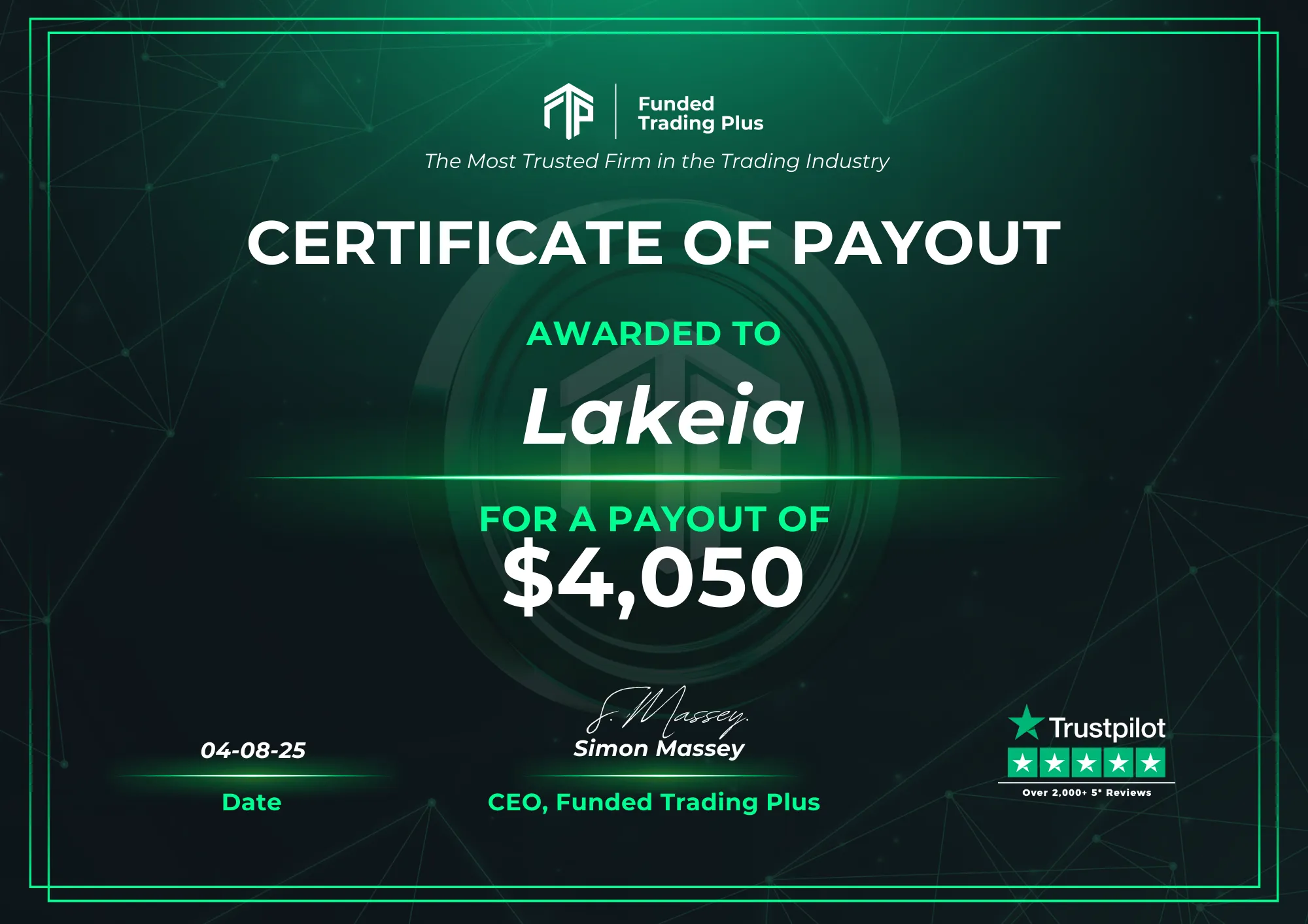 Certificate for Lakeia - $4,050.00
