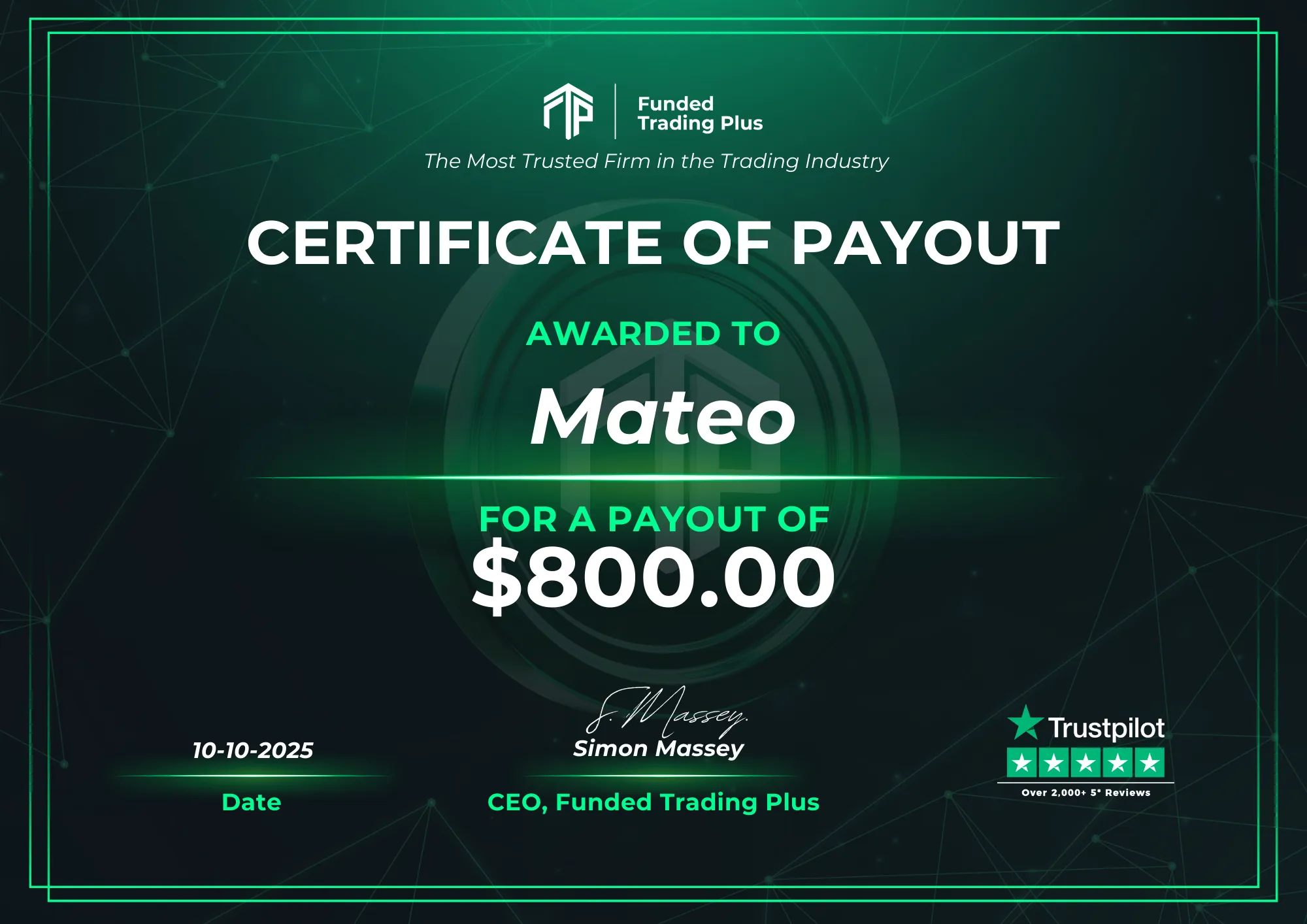 Certificate for Mateo - $800.00