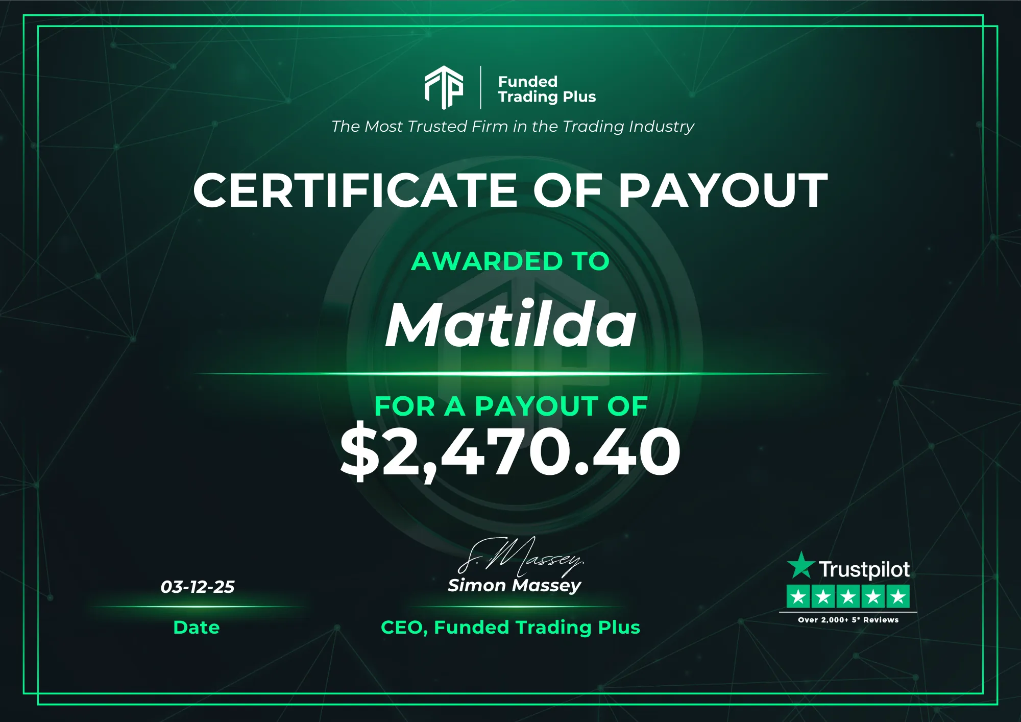 Certificate for Matilda - $2,470.40