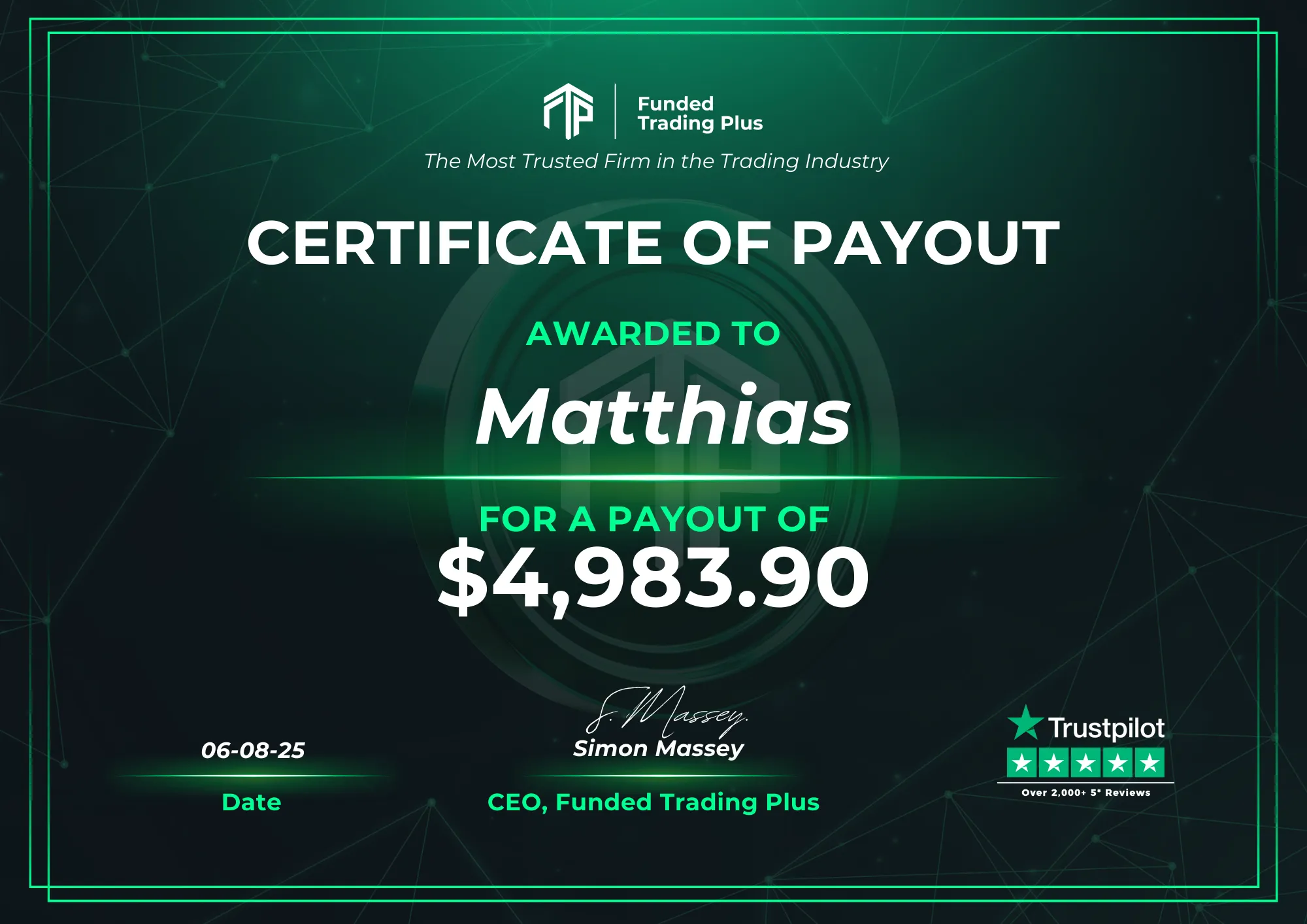 Certificate for Matthias - $4,983.90
