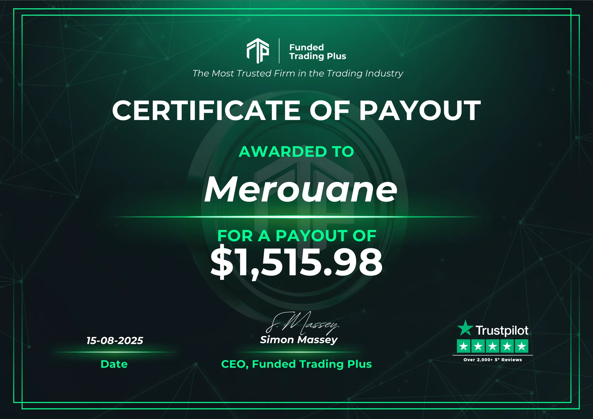 Certificate for Merouane - $1,515.98