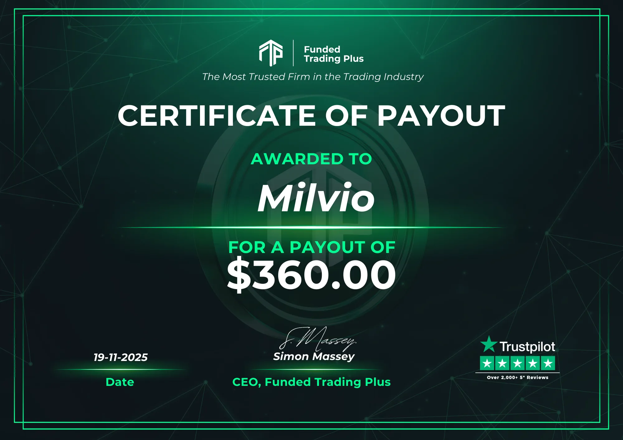Certificate for Milvio - $360.00
