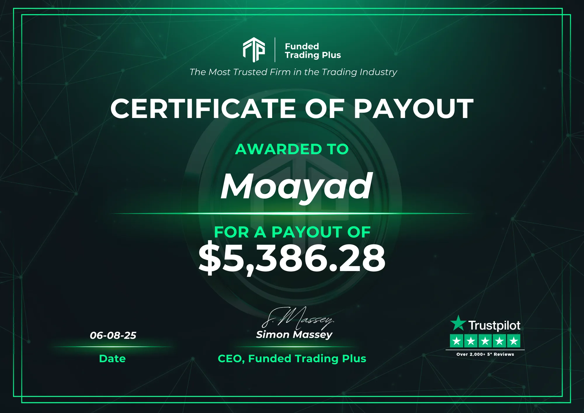 Certificate for Moayad - $5,386.28