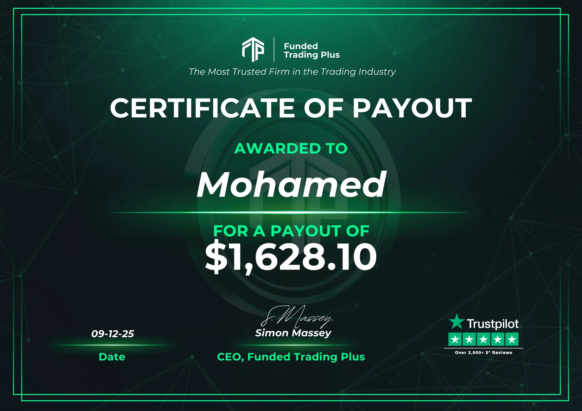 Certificate for Mohamed - $1,628.10