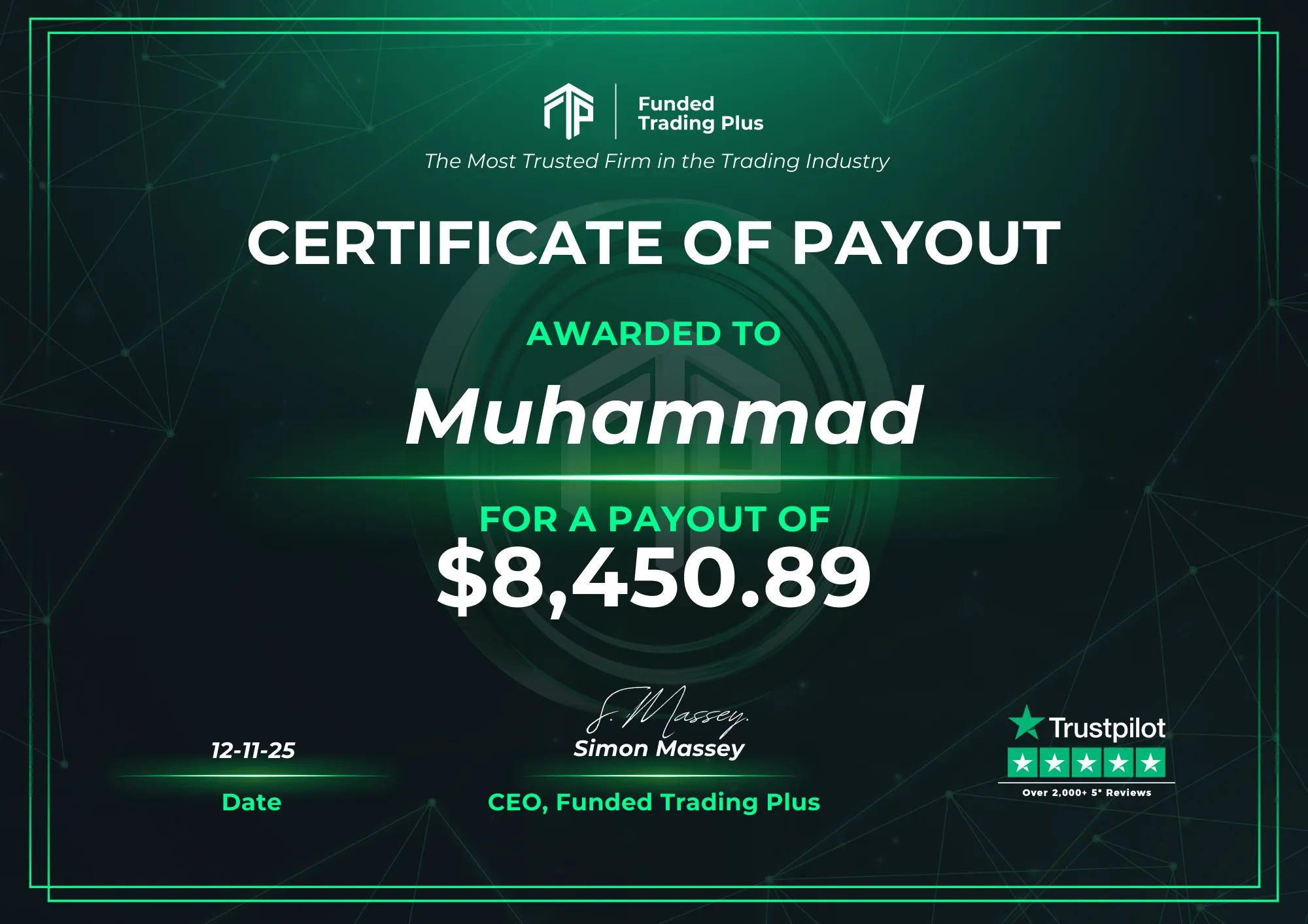 Certificate for Muhammad - $8,450.89