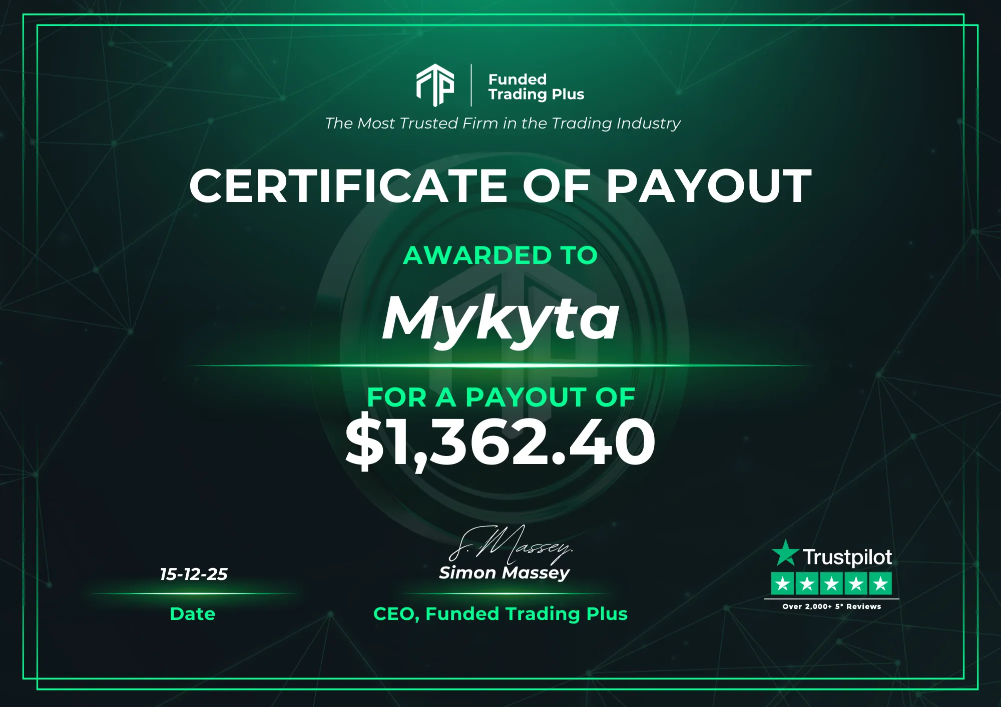 Certificate for Mykyta - $1,362.40