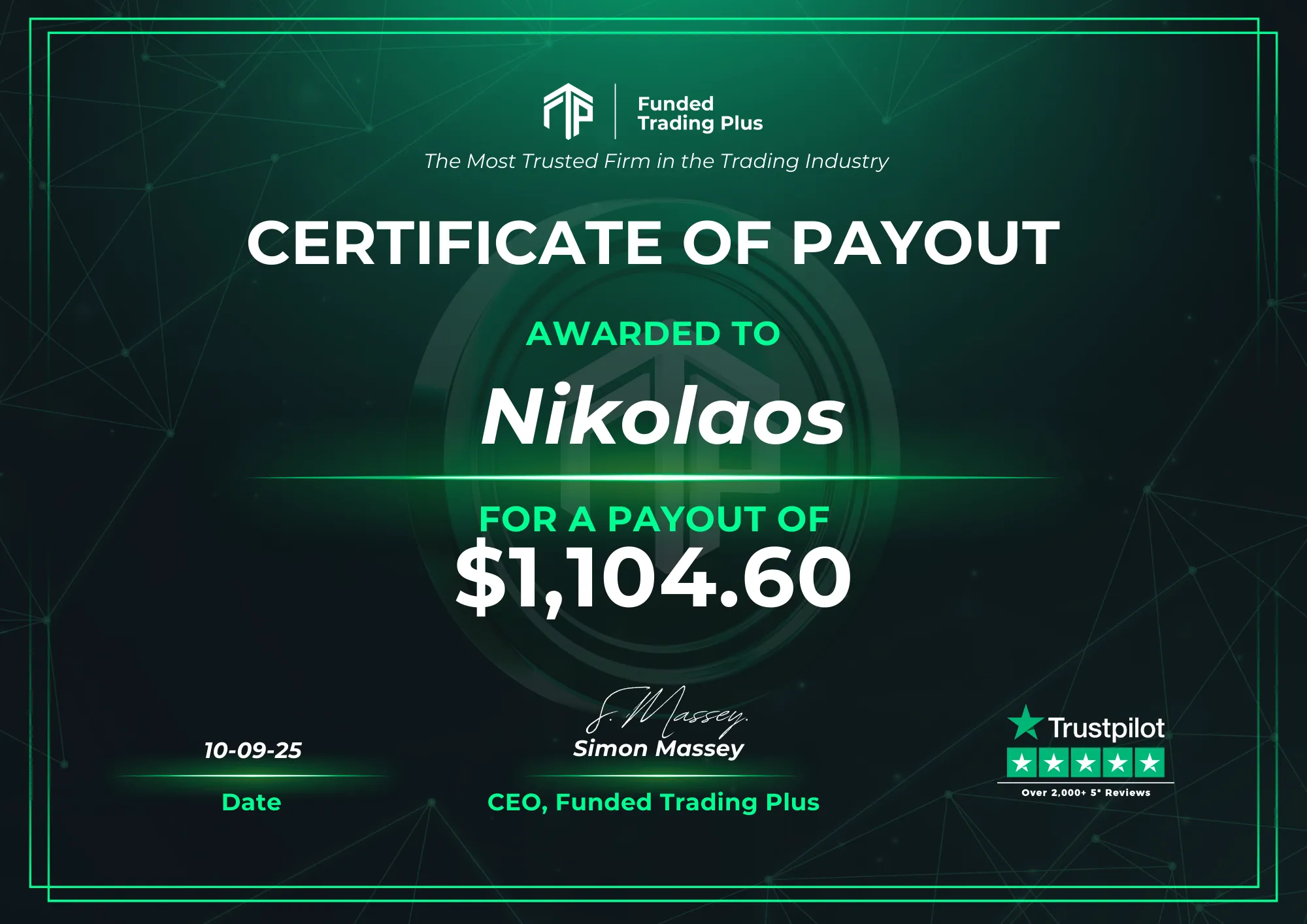 Certificate for Nikolaos - $1,104.60
