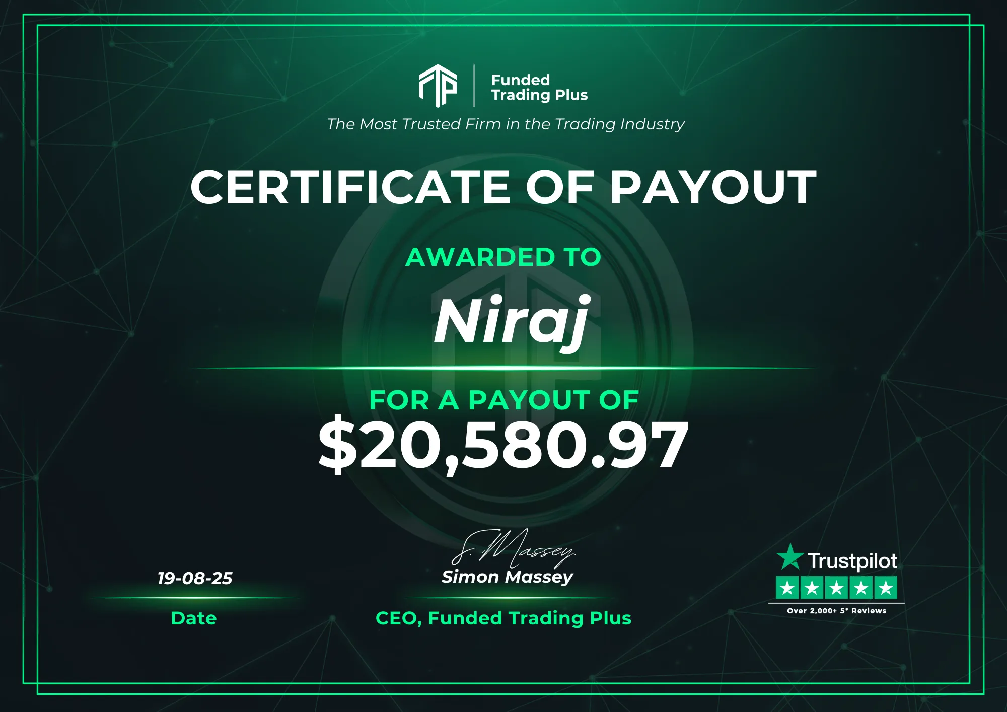 Certificate for Niraj - $20,580.97