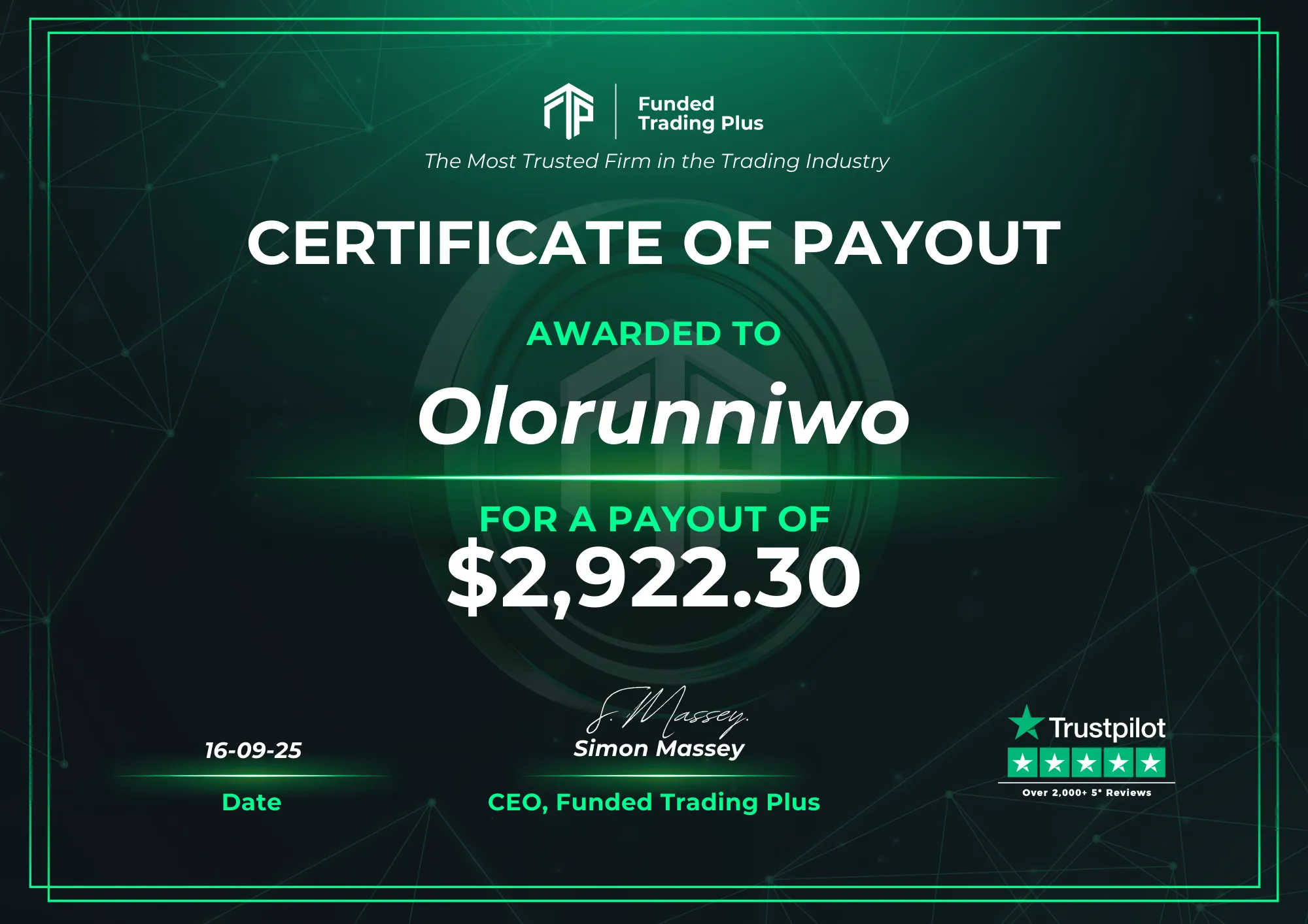 Certificate for Olorunniwo - $2,922.30