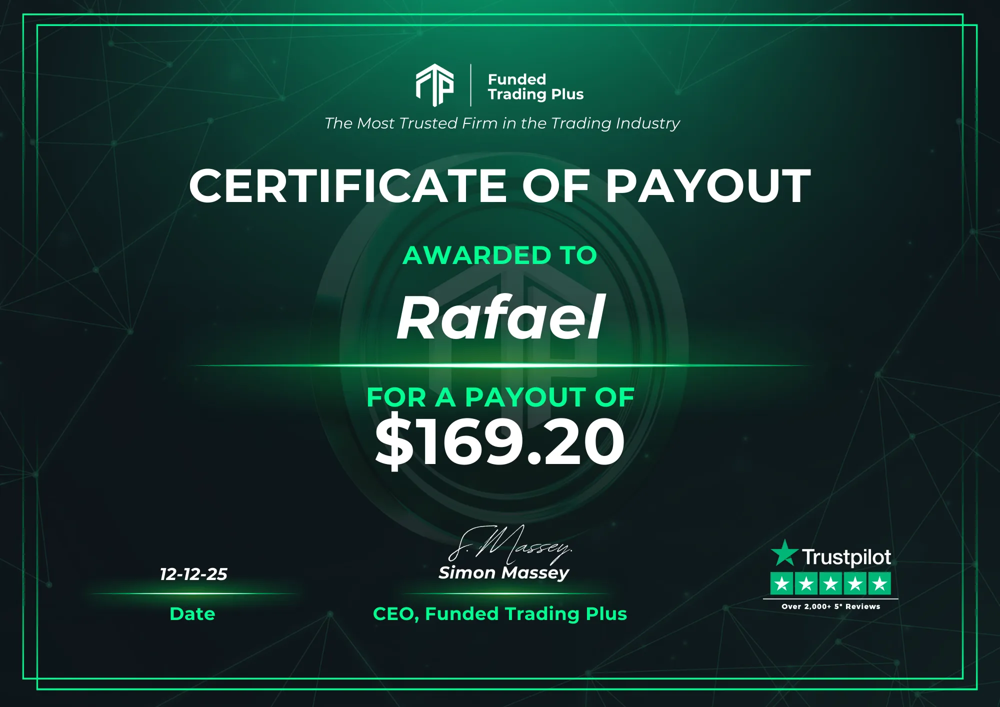 Certificate for Rafael - $169.20