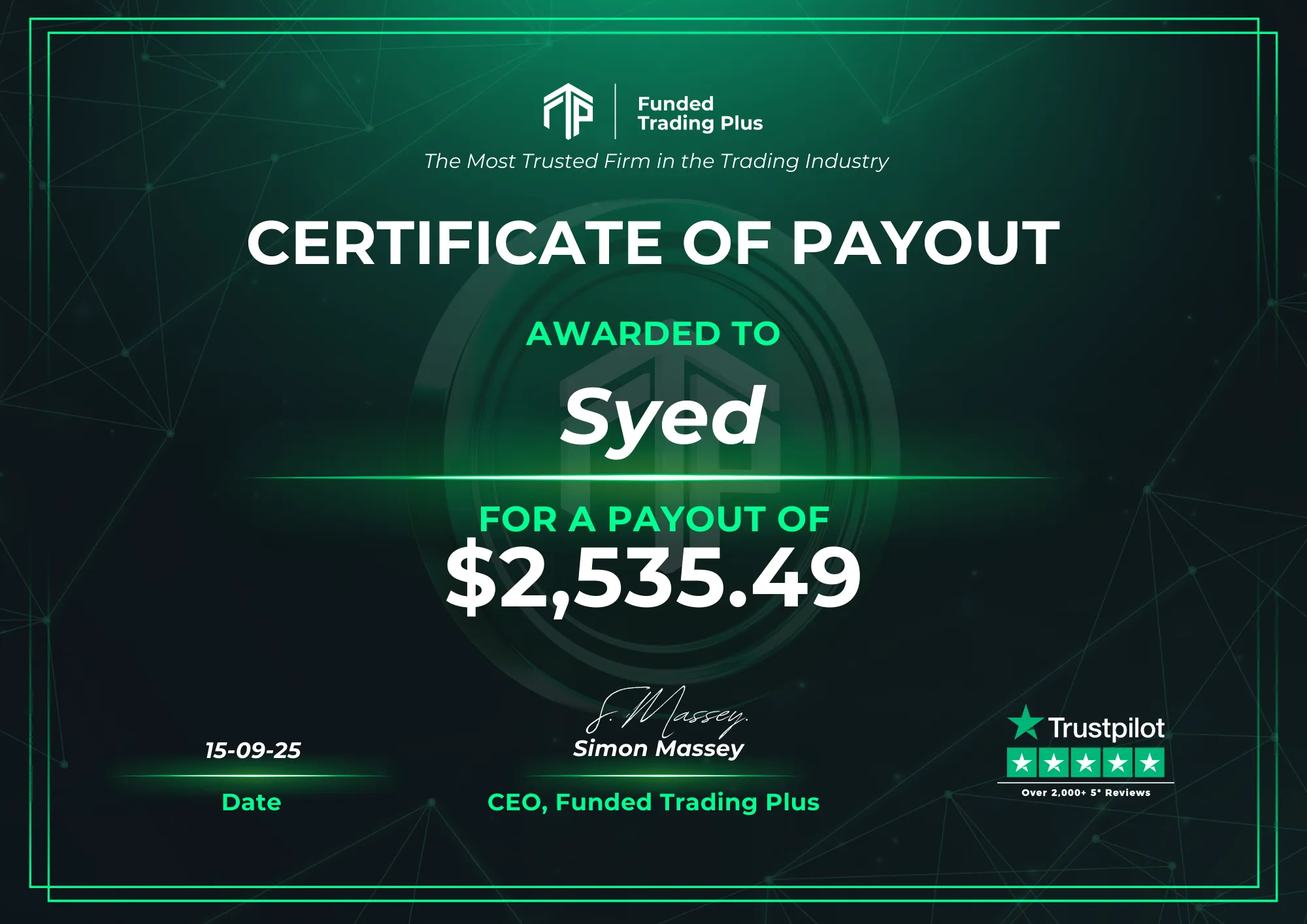 Certificate for Syed - $2,535.49
