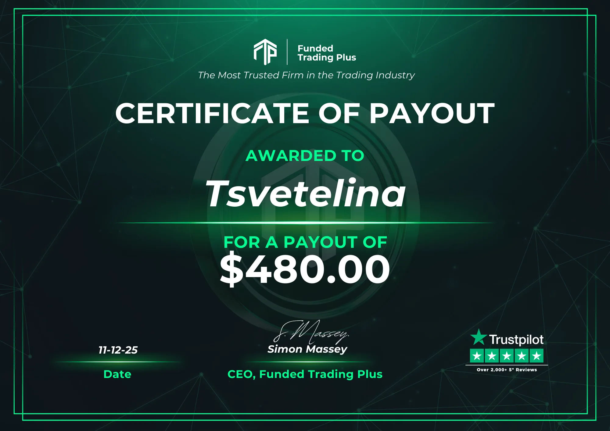 Certificate for Tsvetelina - $480.00