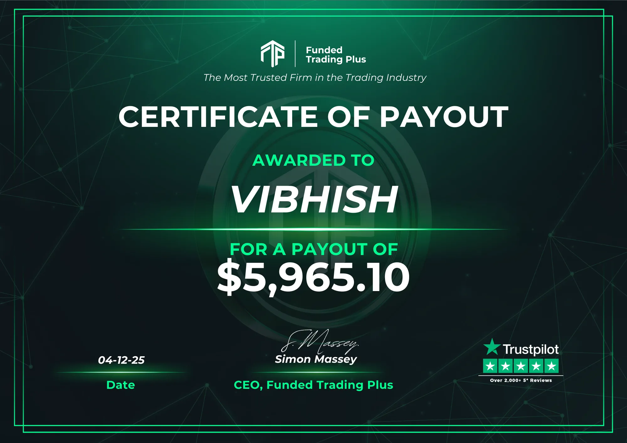 Certificate for VIBHISH - $5,965.10